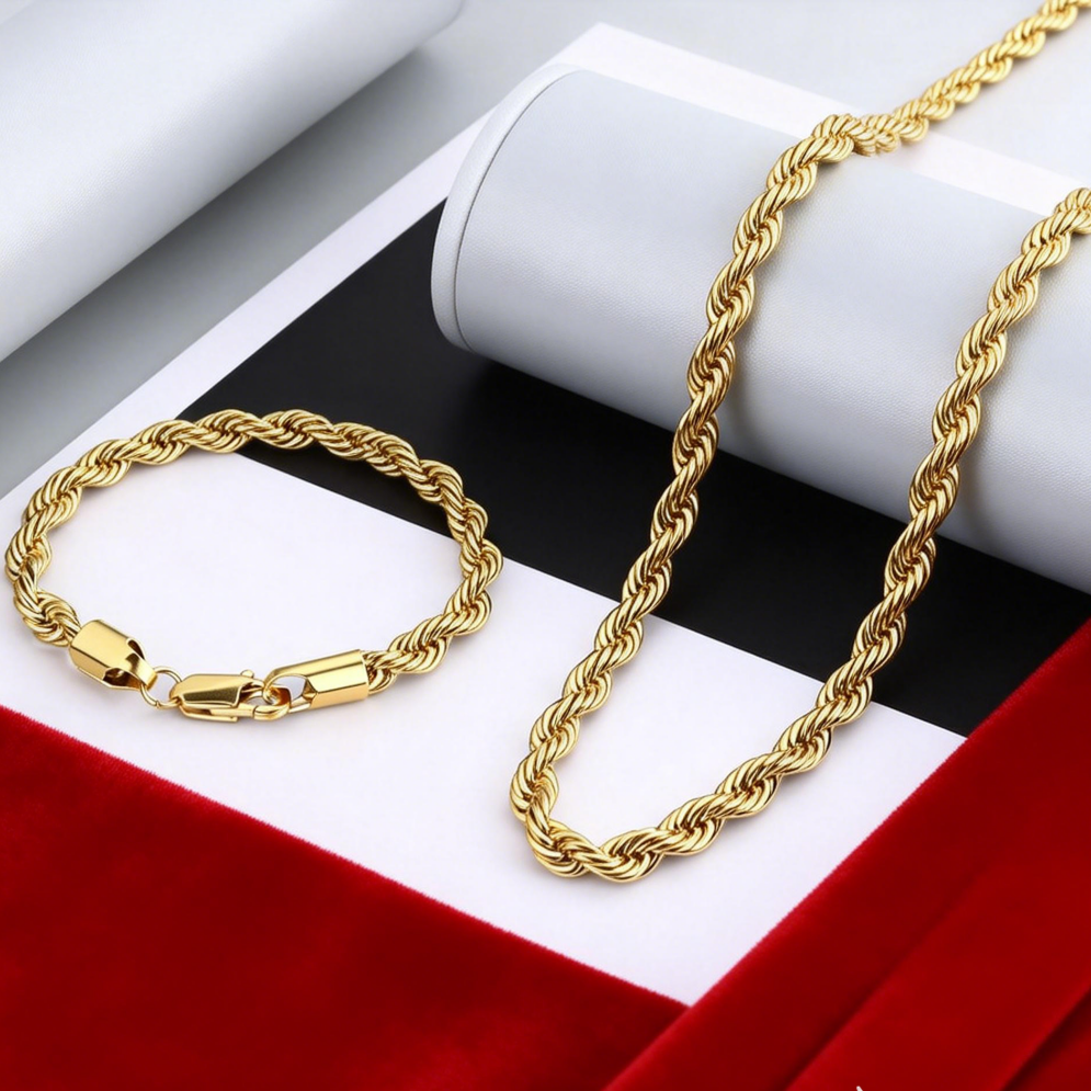 Men Accessories Chain And Bracelet - 2pcs Fashion 18K Gold 4MM Twisted