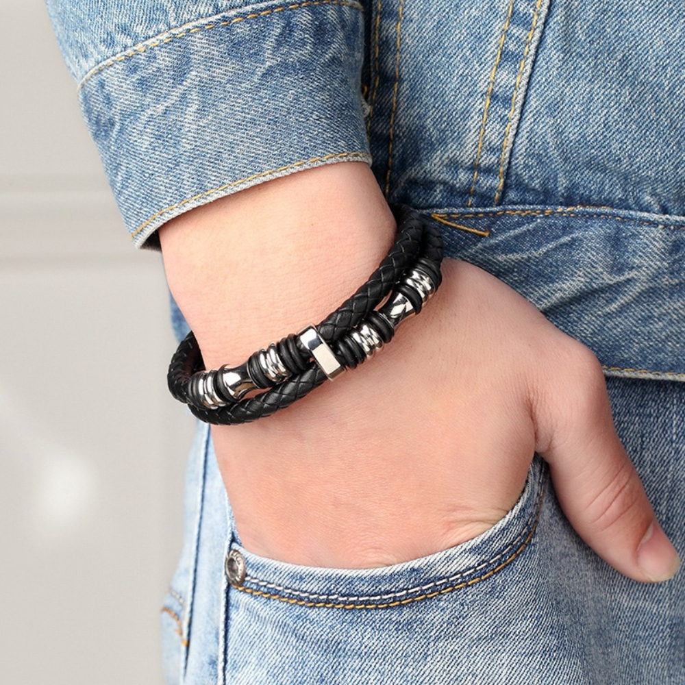 Men Double Row Woven Leather B - Men Accessories Chain And Bracelet のレビューと価格
